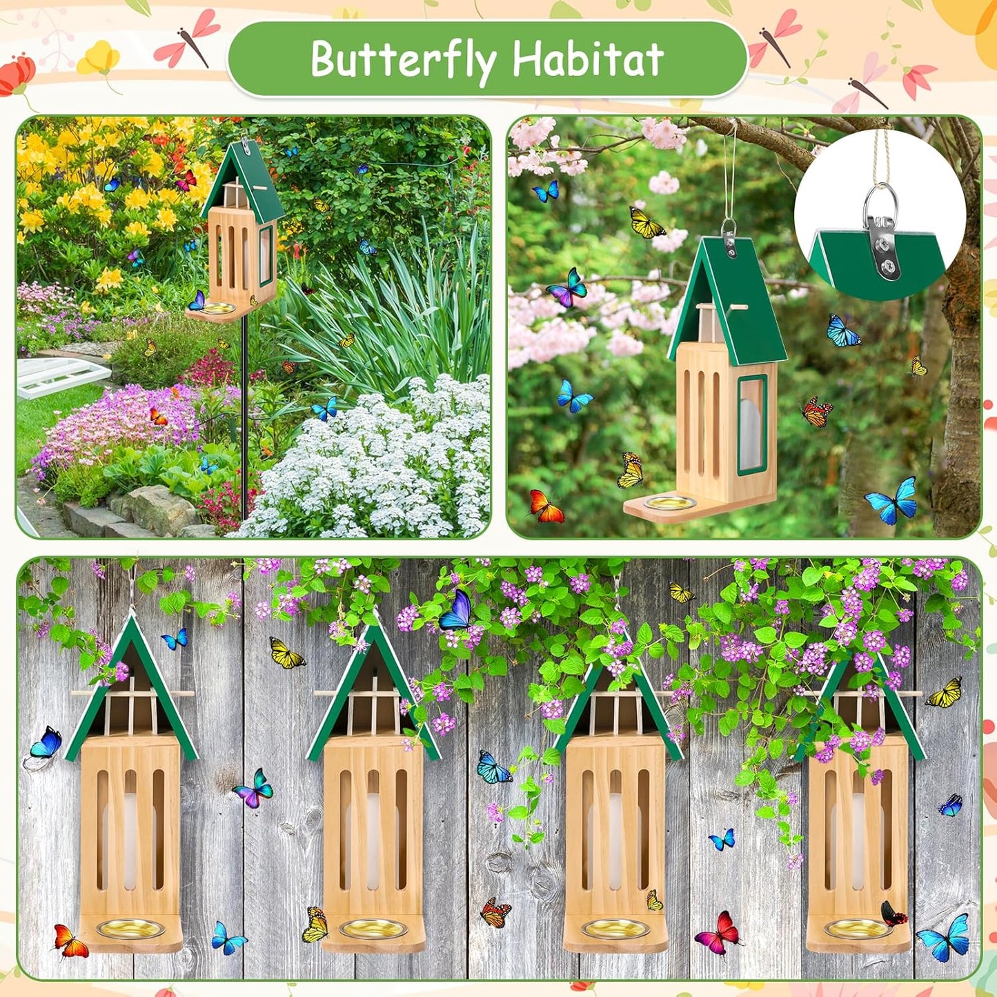 New Upgraded Butterfly House and Feeder for Outside - Wooden Butterfly House with Metal Stake for Garden Backyard, Natural Butterflies Habitat with Puddler on Floor or Hanging on Tree Wall
