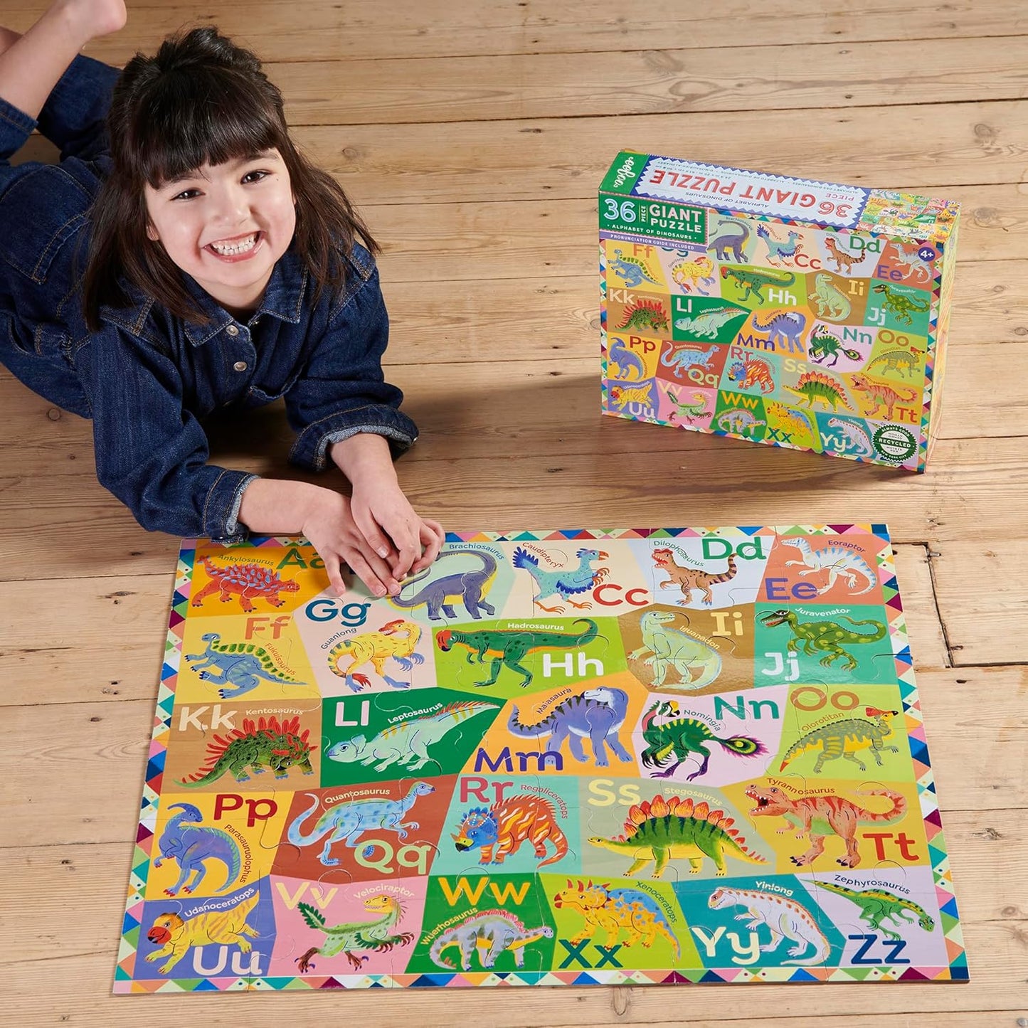 eeBoo 36 Piece Giant Floor Puzzle - Dinosaur Alphabet Children's Puzzle ABC & Dino Themed, Large Pieces for Small Hands to Develop Motor Skills