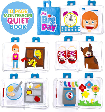 Curious Columbus Quiet Book Fabric Busy Book - Airplane Travel Toys for Kids - Montessori Toy Preschool Activity Books - Fun and Educational Fabric Book