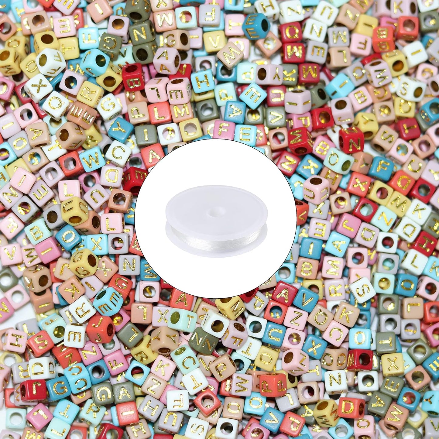 Letter Beads, Augshy 1400 Pcs Morandi Cube Alphabet Bead,Square Letter Beads with 1 Roll 10M Crystal String Cord (6mm)