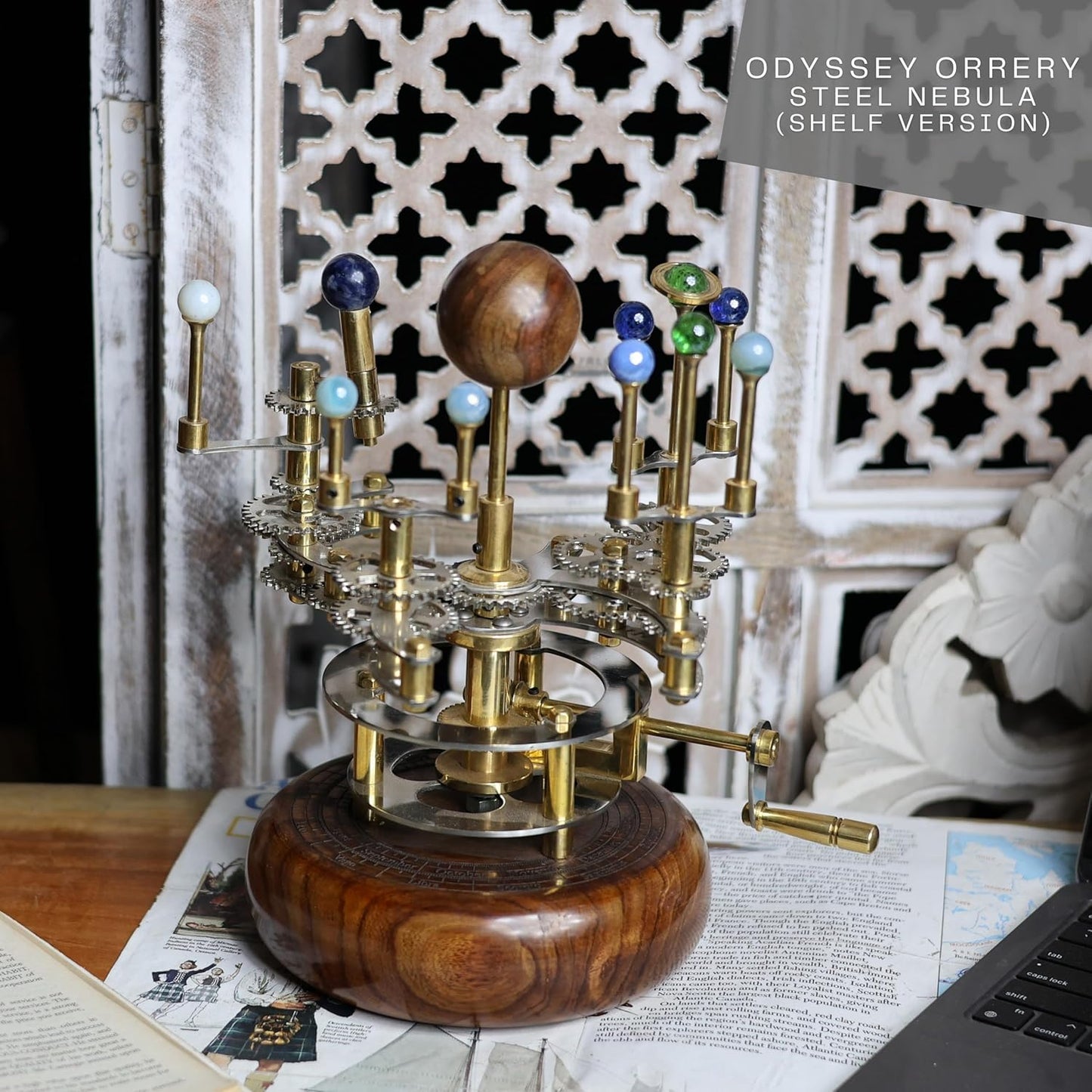 Luxury Vintage Brass Orrery – Exquisite Brass Planetary Gear Mechanism | Astronomical Desk Ornament | Solar System Model (8" Mercury, Venus, Earth, Mars, Uranus & Moons)