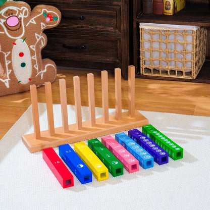 Premium Large Montessori Fractions Skittles Fraction Tower Cubes – 21.3" Solid Beechwood Fraction Manipulatives, 8 Color-Coded Towers with Fractions Decimals Percents & Circle Graphics, Ages 6-12