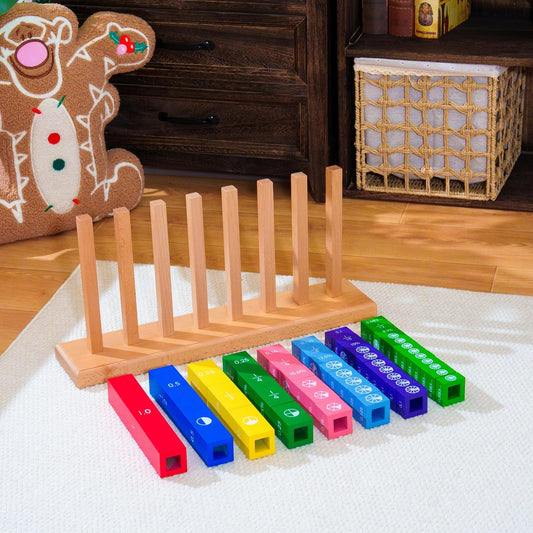 Premium Large Montessori Fractions Skittles Fraction Tower Cubes – 21.3" Solid Beechwood Fraction Manipulatives, 8 Color-Coded Towers with Fractions Decimals Percents & Circle Graphics, Ages 6-12