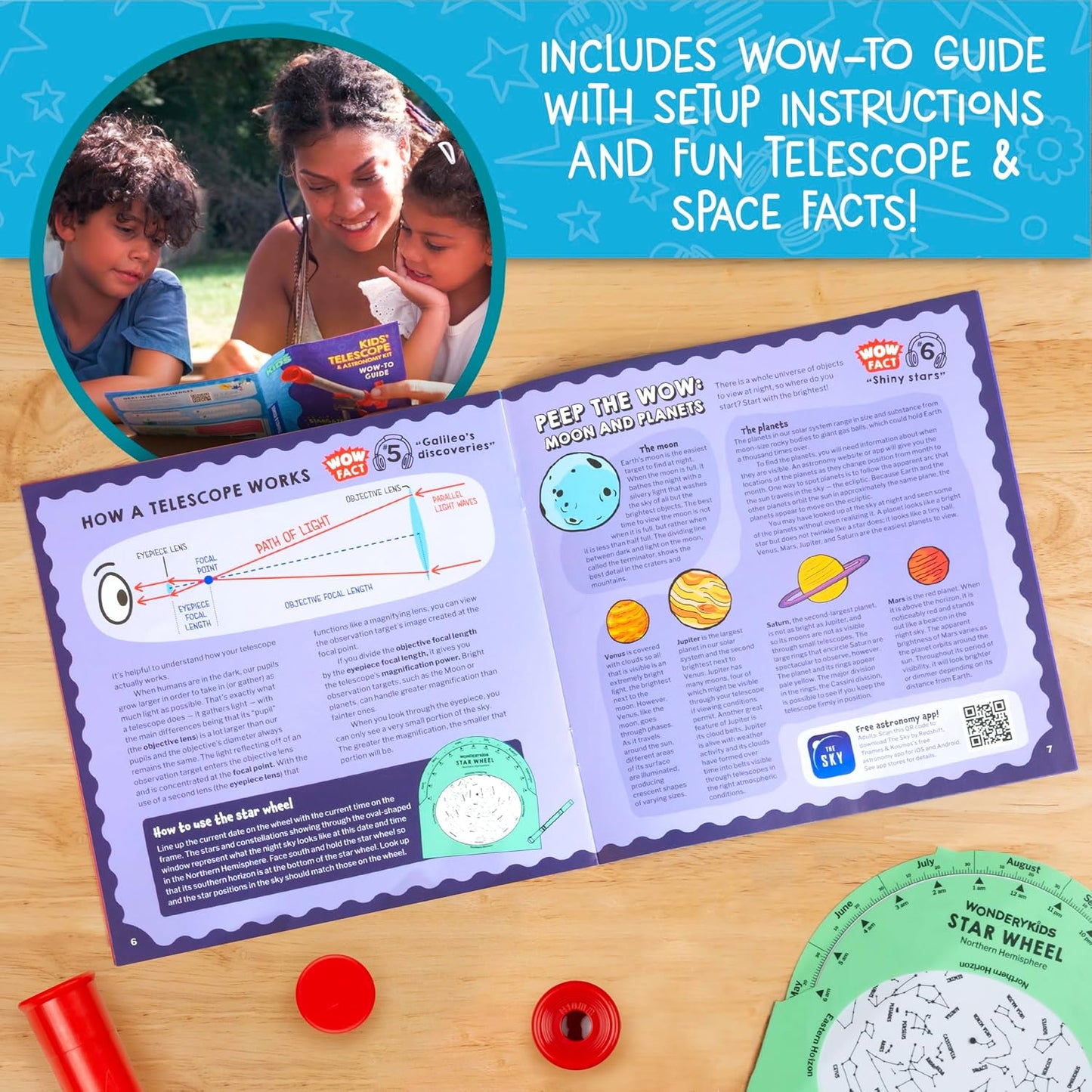 Wow in the World Kids’ Telescope & Astronomy Kit, 25x & 50x Magnification, Adjustable 48” Tripod, Includes Star Wheel & Companion Audio Content, Intro to Astronomy for Ages 6+ by Thames & Kosmos