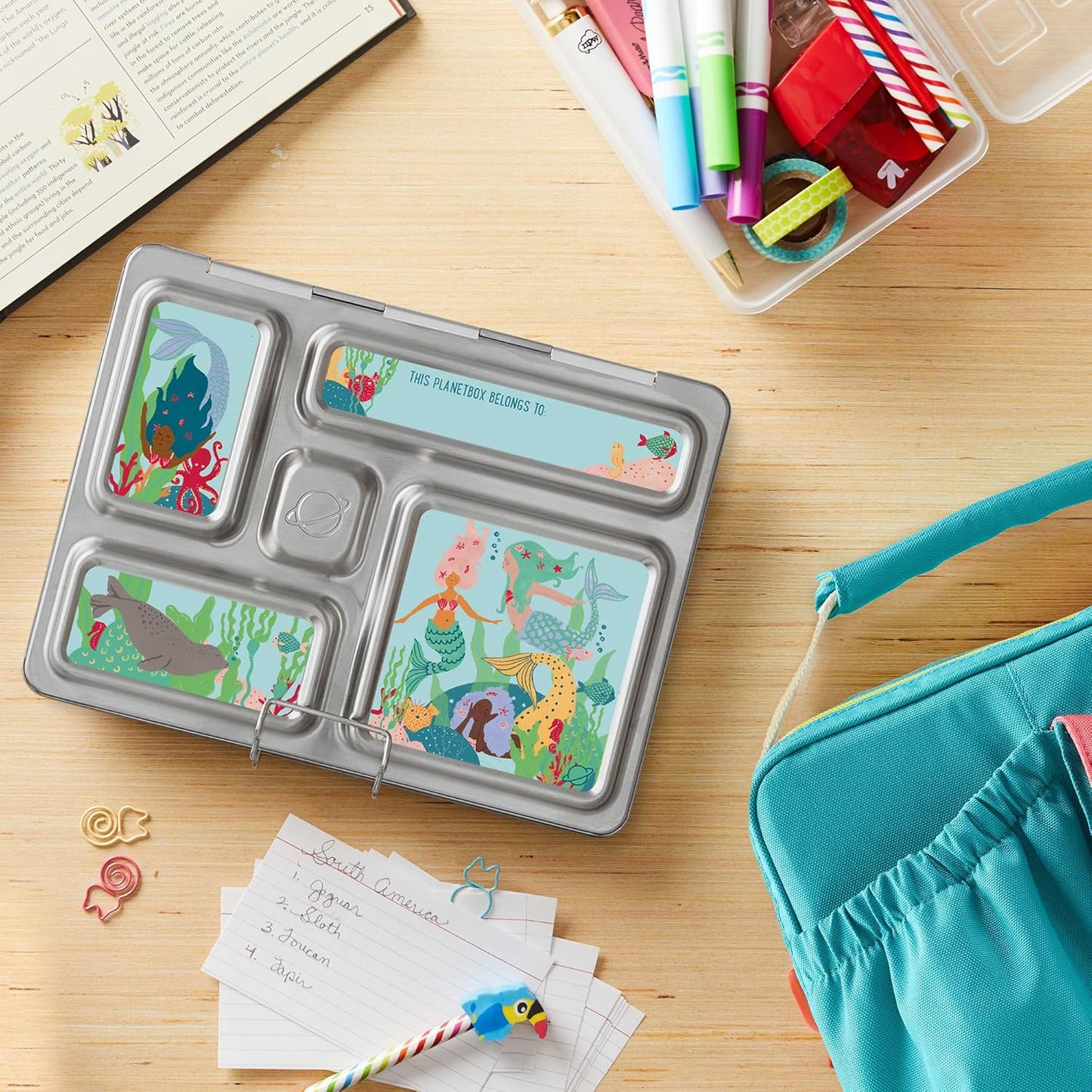 PlanetBox Rover Stainless Steel Bento Box Style Lunch Box Kit for Youth with 5 Compartments – Butterflies Edition includes Insulated Lunch Bag, Leakproof Food Containers & Matching Magnets