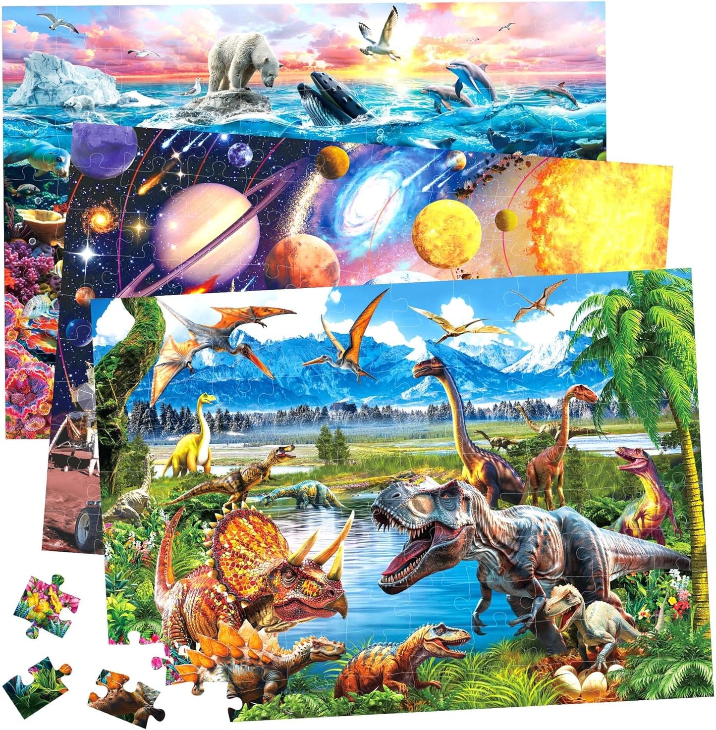 BenBen Puzzles for Kids Ages 4-6, 3 Pack 100 Pieces Large Puzzles for Toddlers 3-5 (Dinosaurs, Outer Space, Ocean Life), Learning & Educational Games for Kids 6-8, 19.75” x 13.75”