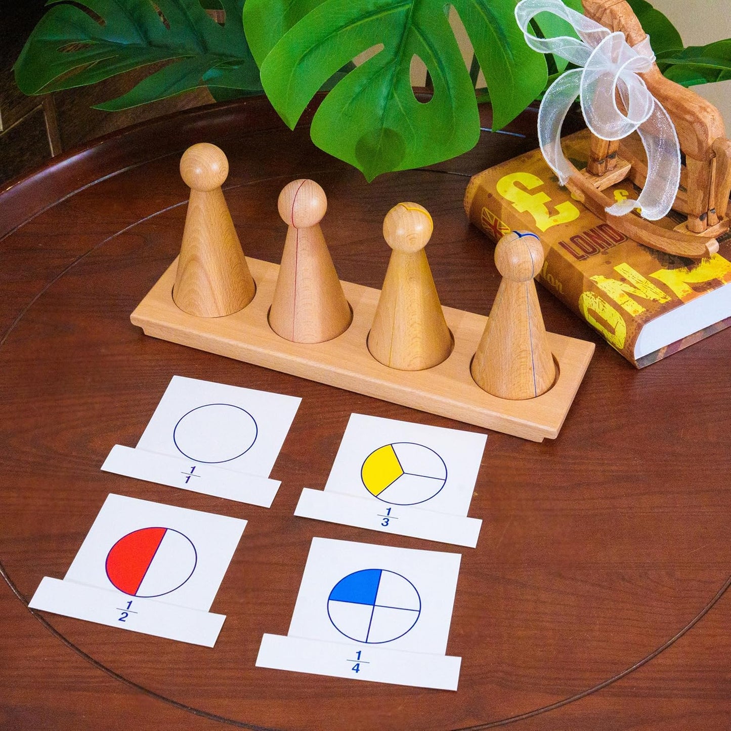 Premium Large Montessori Fraction Skittles: 13in Set with Stand & Cards | Solid Beechwood Teaching Aids & Math Manipulatives, Educational Brain Toys for Ages 4-7 (Large Fraction Skittles With Stand)