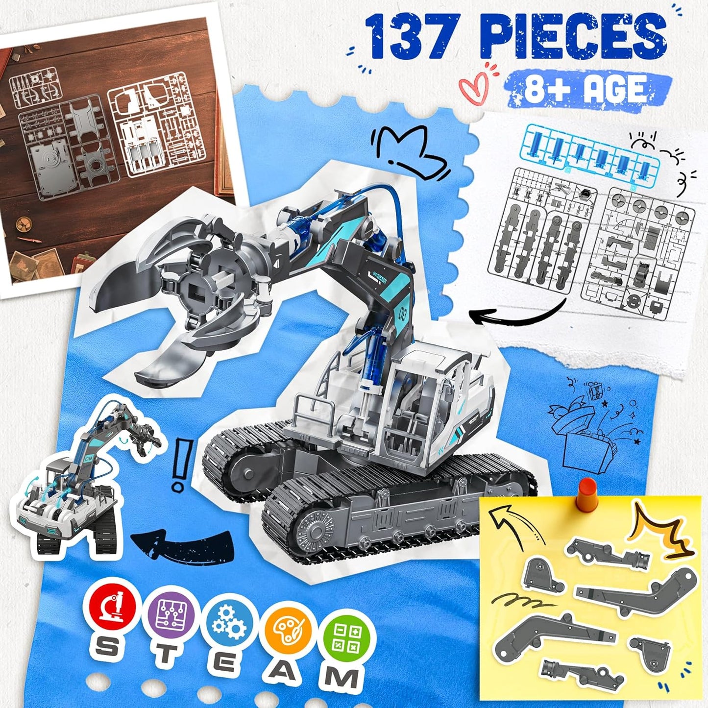 SMILESSKIDDO Science Kits for Kids Age 8-12 - 137 Pcs STEM Toys for Ages 8-13 with Hydraulic Grab, Teen Boys Gift Ideas Crane Toy, Teenage Engineering Kit Construction Vehicle Toys