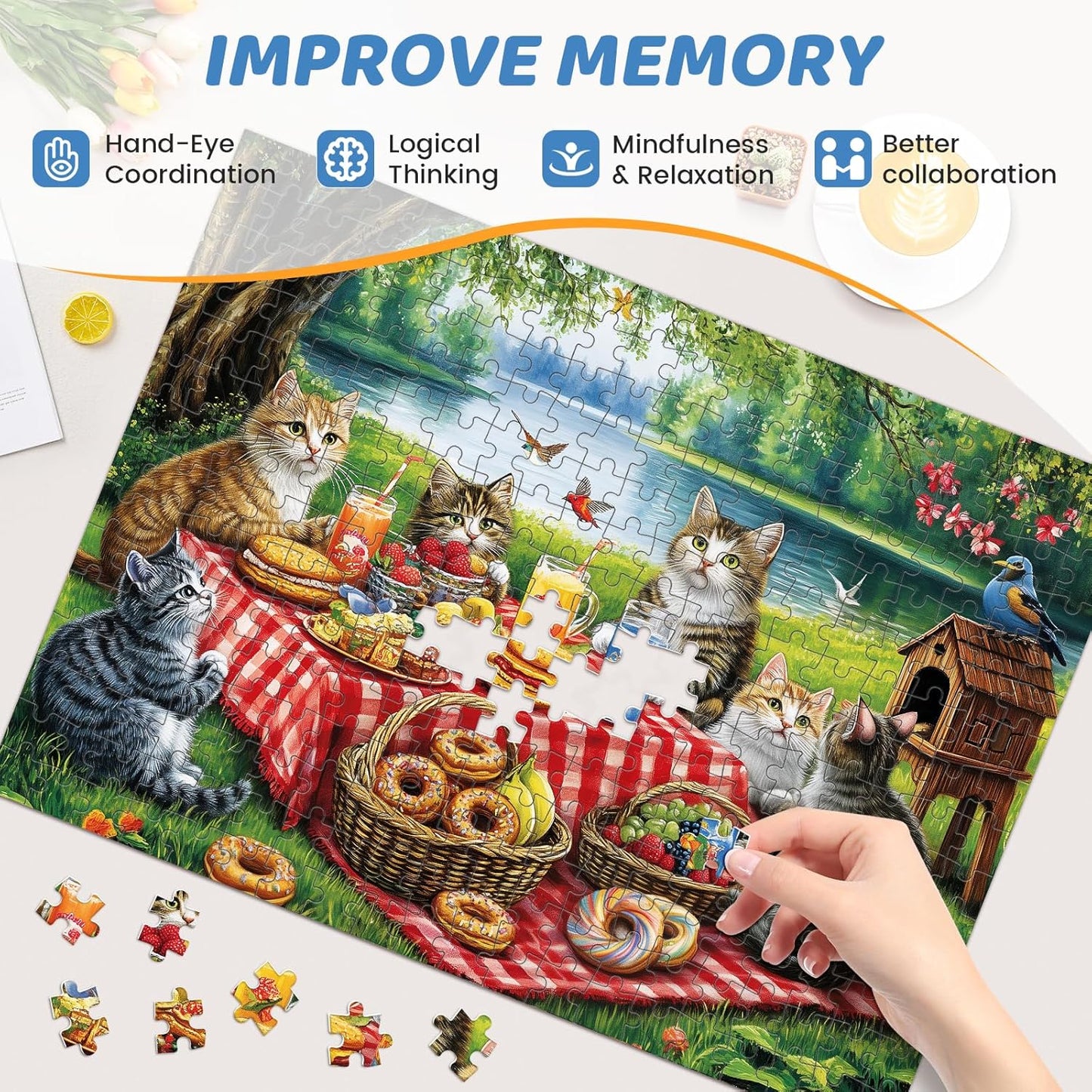 500 Piece Puzzles for Adults, Cat Family Dinner Large Piece Jigsaw Puzzle for Adults Seniors,Recycled Cardboard Puzzle 500 Piece,Family Activity Great Gift for Family Friends 20.5 * 15 in