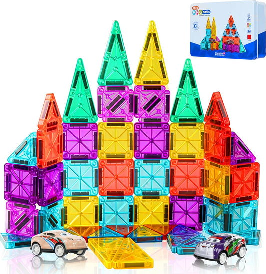 Magnetic Tiles for Kids Mini Magnet Tiles Building 43PCS Toddlers Magnetiles Travel Toys with Case & 2 Cars Basic STEM Magnets Construction Tile Toy Set Ages 3-8 Boys Girls