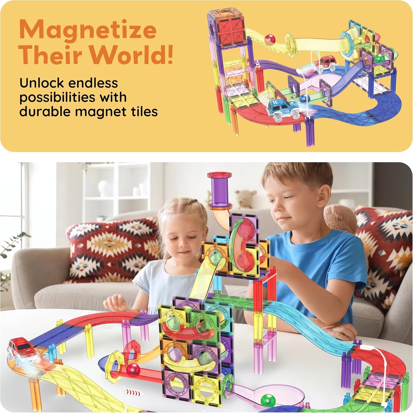 PicassoTiles 121pc Magnetic Tile Race Track Marble Run Magnet Tiles 3-in-1 Playset Car Racing Construction Set STEM Learning Early Education Building Toy Cars for School Toddlers Boys Girls Ages 3+