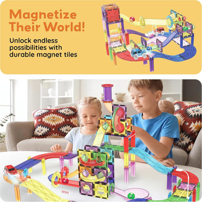 PicassoTiles 121pc Magnetic Tile Race Track Marble Run Magnet Tiles 3-in-1 Playset Car Racing Construction Set STEM Learning Early Education Building Toy Cars for School Toddlers Boys Girls Ages 3+