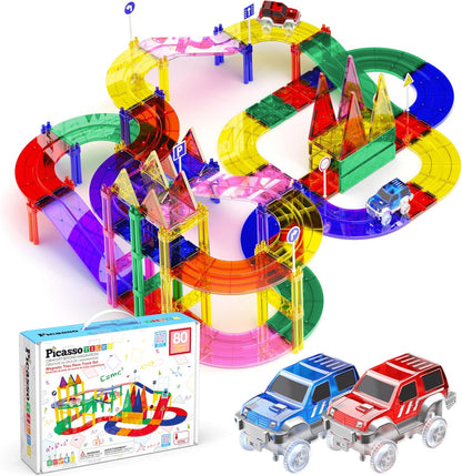 PicassoTiles 121pc Magnetic Tile Race Track Marble Run Magnet Tiles 3-in-1 Playset Car Racing Construction Set STEM Learning Early Education Building Toy Cars for School Toddlers Boys Girls Ages 3+