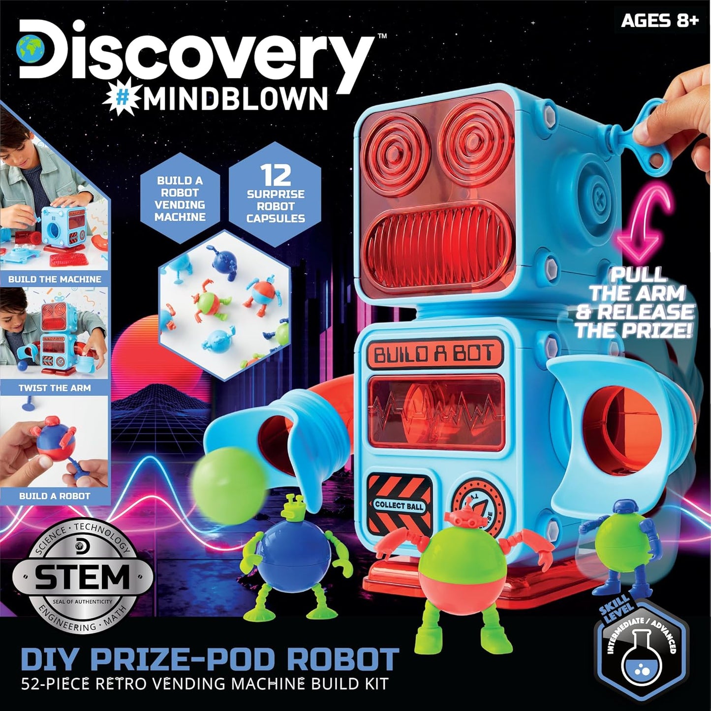 Discovery DIY Prize-Pod Robot Kit, 52-Piece Vending Machine Building Set, 12 Transforming Capsules, Educational Science Experiment, Engineering STEM Project, Robotics Toy Gift Kids Age 8+