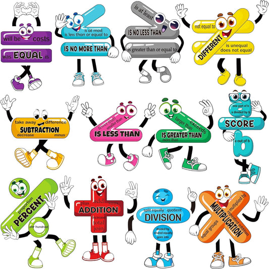 12PCS Math Posters Bulletin Board Classroom Decor: Educational Magnets Decorations, Mathematics Talk Sign Magnetic Symbols Cutouts for Elementary School Grade 2th 3th 4th 5th
