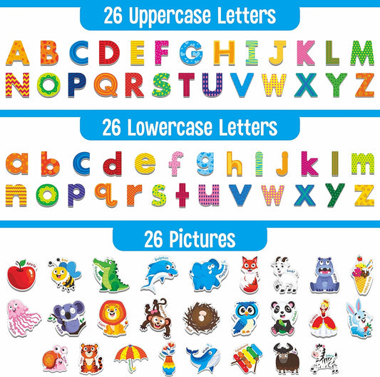Large Magnetic Letters and Animals, Educational Learning Tool for Kids Word Recognition 52 Pieces Magnets Include 26 Colorful Alphabet Letters and Corresponding Cartoon Images