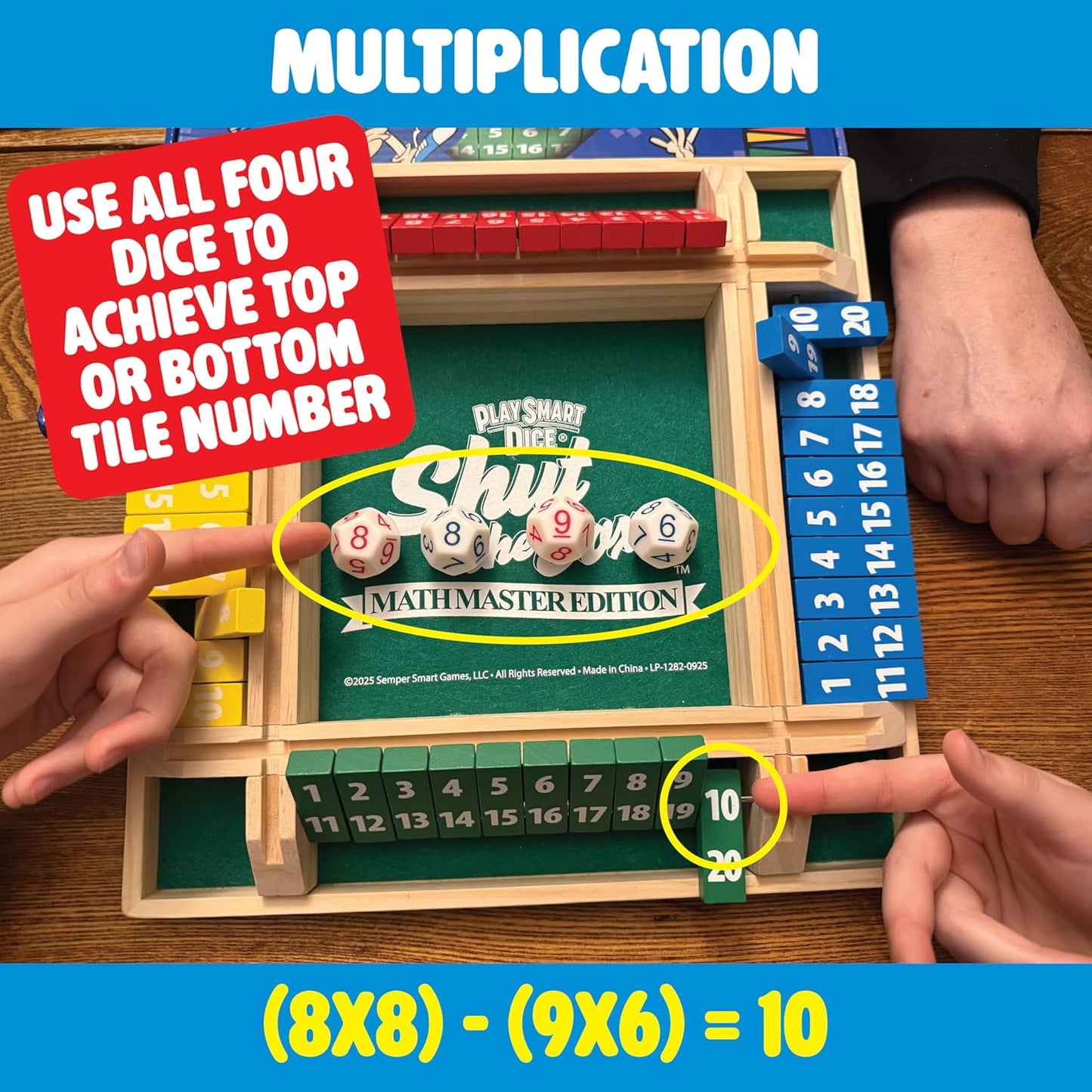 PlaySmart Dice Shut the Box Math Master: Deluxe 1-4 Player Wooden Board with Unique dice, More Numbers, Games, Math, and Fun Ways to Play!