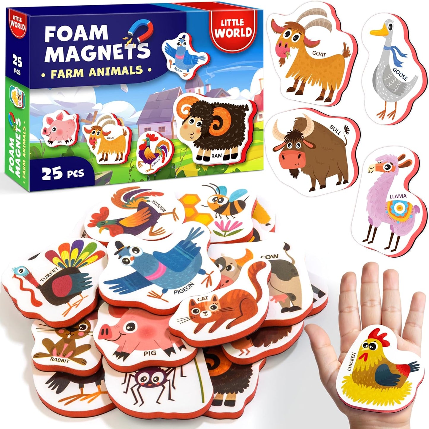 Little World Large Set of Safe and Durable Fridge Magnets for Toddlers 1-3 | Foam Refrigerator Magnets for Kids with Gift Box | Waterproof, Non-Toxic Cars & Vehicles Magnets for Children and Babies 1+