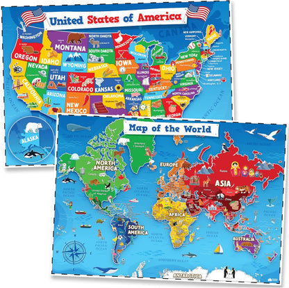 Momo & Nashi United States Map For Kids & World Maps For Kids 2pc Set - 24” x 16” Waterproof Classroom Posters - Childs World Map - Teacher Classroom Must Haves - Homeschool Teacher School Supplies
