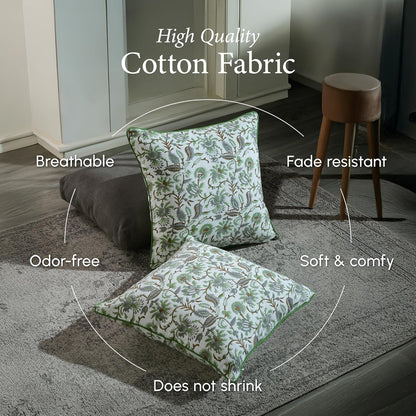 CPC 100% Cotton Throw Pillow Covers 18x18 Inch, Set of 2 Green Block Print Pattern Couch Pillow, Cute Boho Decorative Pillows for Living Room, Bedroom with Hidden Zipper- Agate Green