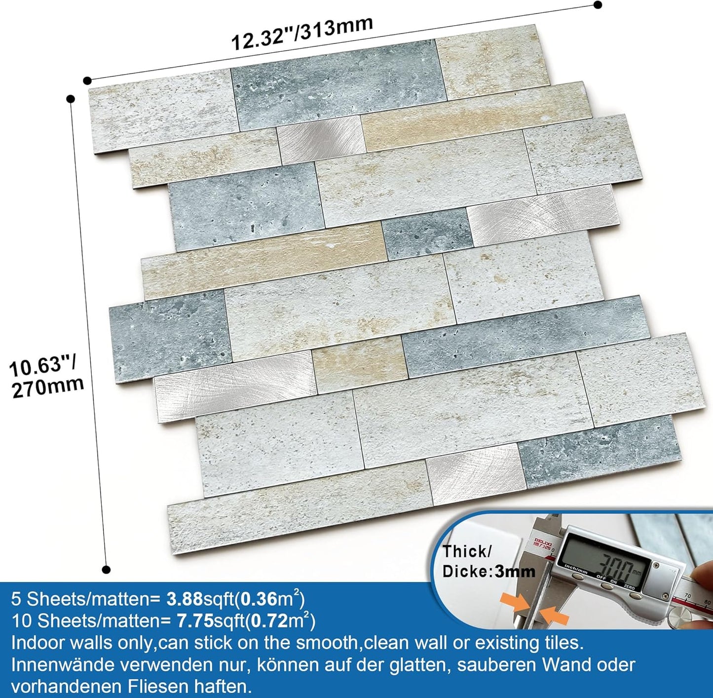 MOFIT Backsplash Tile for Kitchen Peel and Stick Stone Matte Finish,Bathroom Tiles Stickers 3D Wall Panel Linear Mosaic Marble Backsplash Waterproof(5sheets,Blue Green Gray)