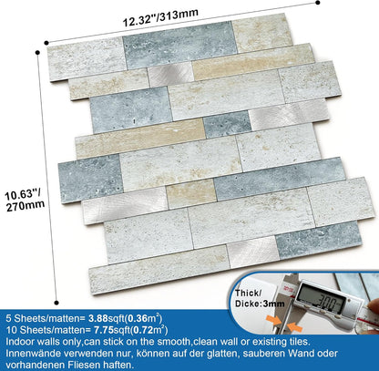 MOFIT Backsplash Tile for Kitchen Peel and Stick Stone Matte Finish,Bathroom Tiles Stickers 3D Wall Panel Linear Mosaic Marble Backsplash Waterproof(5sheets,Blue Green Gray)