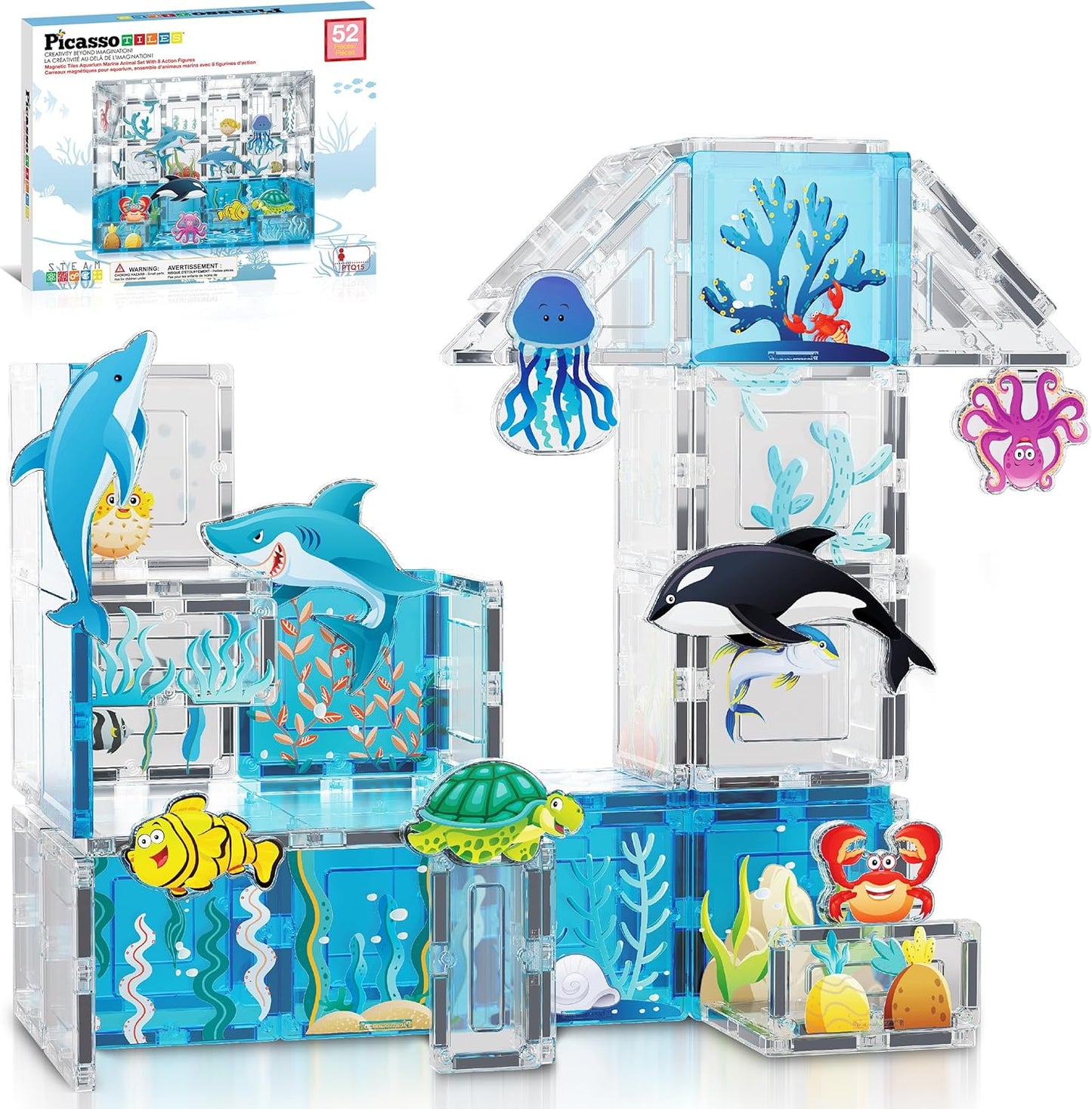 PicassoTiles Magnet Tiles Magnetic Building Blocks Aquarium Marine Animal Theme Set with 8 Character Action Figures Shark Crab Turtle STEM Toys Construction Preschool Toddlers Kids Boys Girls 3+ PTQ15