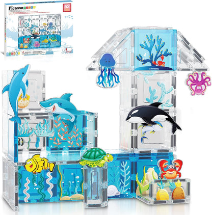 PicassoTiles Magnet Tiles Magnetic Building Blocks Aquarium Marine Animal Theme Set with 8 Character Action Figures Shark Crab Turtle STEM Toys Construction Preschool Toddlers Kids Boys Girls 3+ PTQ15