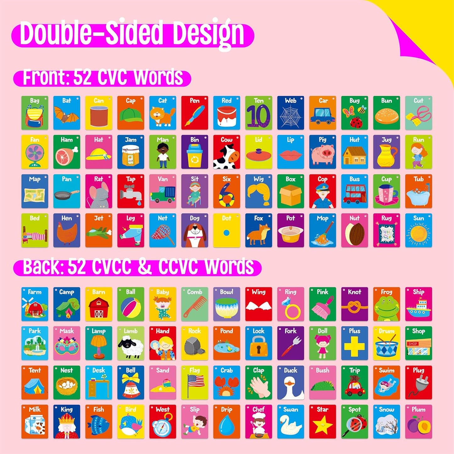 50 PCS Kid First Cognitive Flashcards,Double Sided Printed 7 in 1 Colorful Cards Alphabet,Numbers, Foods,Animals,Shapes,Colors with 3 Reclosable Rings,Learning Tool for Pre-K Kindergarten Toddlers