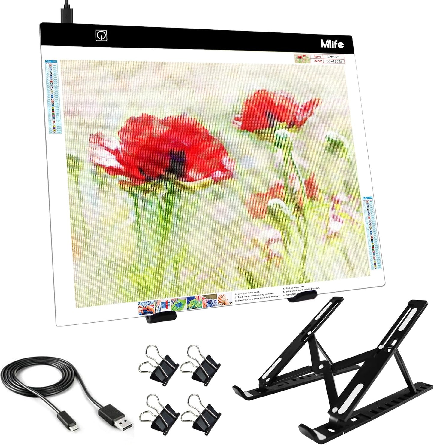 Mlife B4 LED Light Pad Kit - Upgraded Diamond Art Painting Light Box Dimmable Tracing Light Board, Sketching, Animation, Drawing Light Box with 4 Fasten Clips and Metal Stand