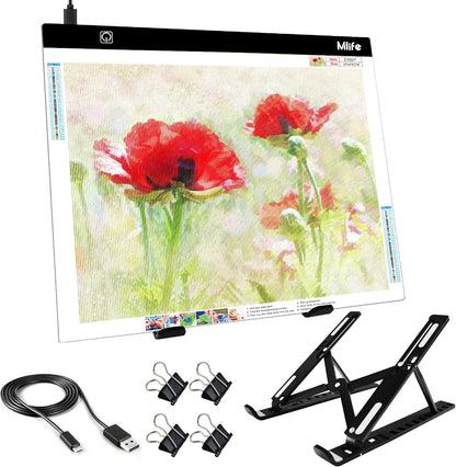 Mlife B4 LED Light Pad Kit - Upgraded Diamond Art Painting Light Box Dimmable Tracing Light Board, Sketching, Animation, Drawing Light Box with 4 Fasten Clips and Metal Stand
