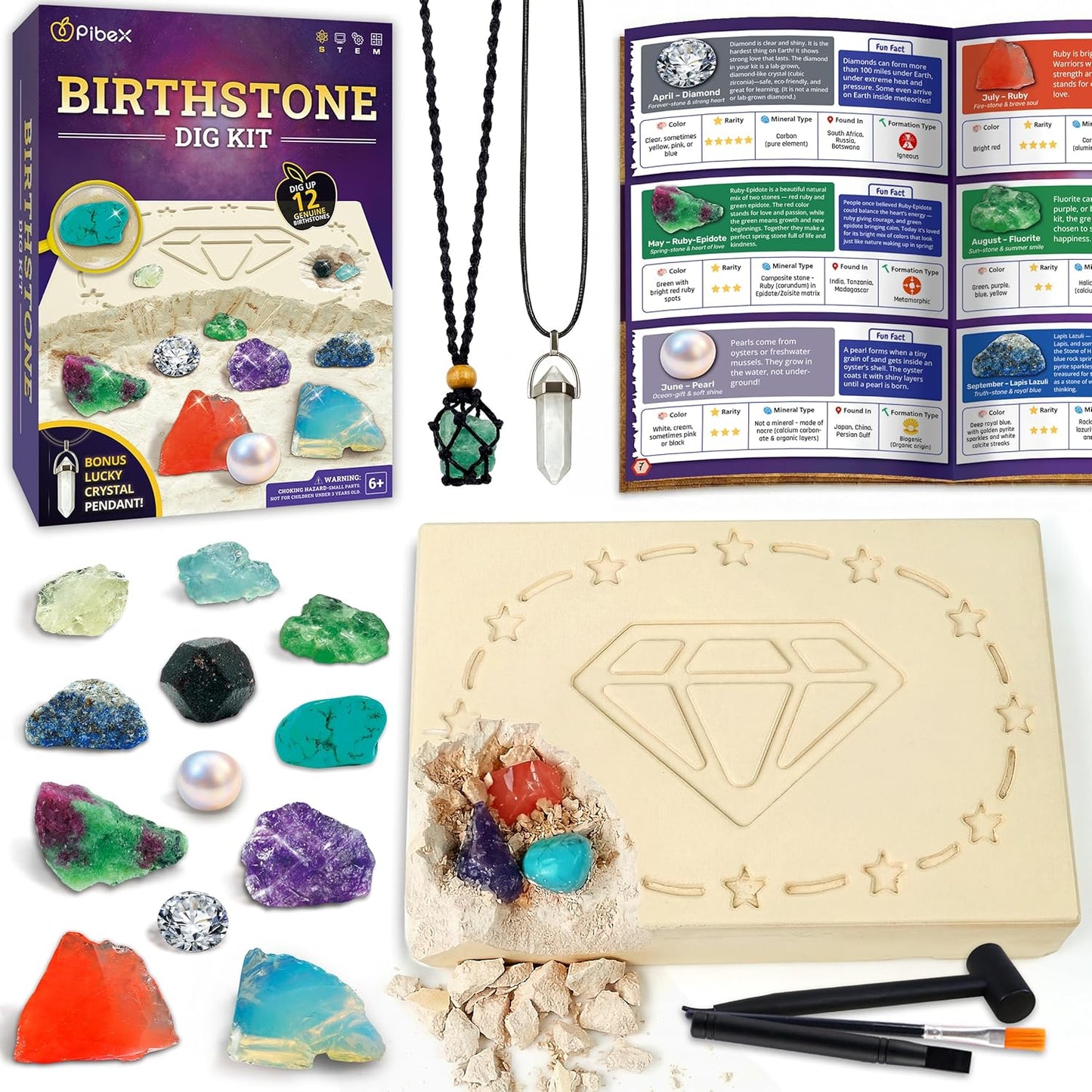 PIBEX Birthstone Dig Kit, Excavate 12 Real Gems & Crystals, DIY Gemstone Necklace & Bonus Pendant, STEM Educational Gemology Toy, Rock Geology Gifts for Boys & Girls 6-12