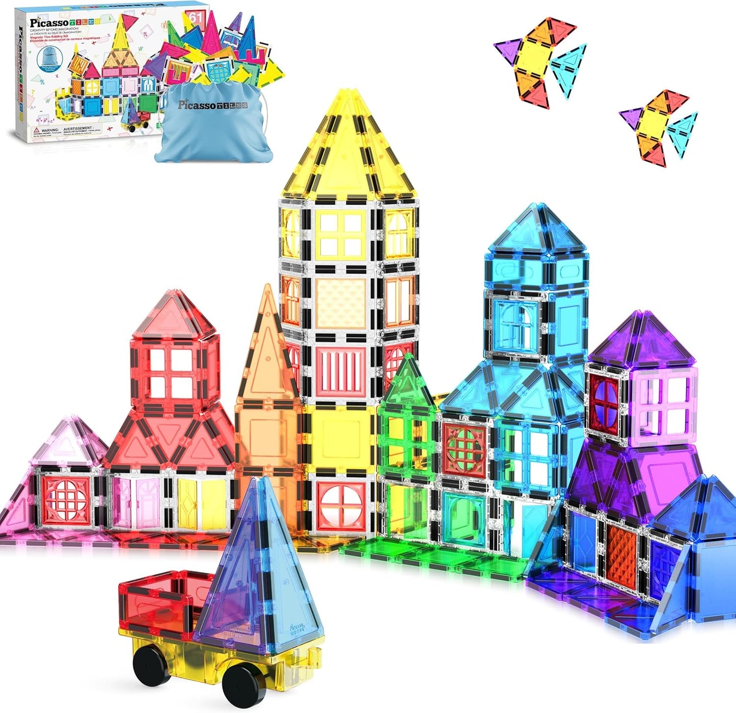 PicassoTiles 101 Piece Magnetic Tile Building Blocks Set with Durable Storage Bag STEM Educational Construction Magnet Toy Kit for Toddlers Preschool Kids Boys Girls Age 3 Plus Indoor Learning PT06