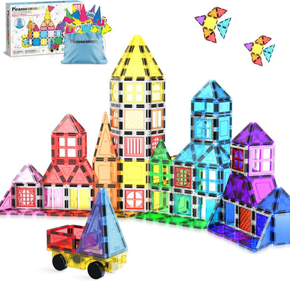 PicassoTiles 101 Piece Magnetic Tile Building Blocks Set with Durable Storage Bag STEM Educational Construction Magnet Toy Kit for Toddlers Preschool Kids Boys Girls Age 3 Plus Indoor Learning PT06