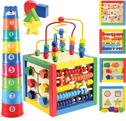 Play22 Wooden Activity Cube for Baby - 6 in-1 Baby Activity Play Cube with Bead Maze, Shape Sorter, Abacus Counting Beads, Counting Numbers, Sliding Shapes, Removable Bead Maze, 8Pcs Stacking Cups