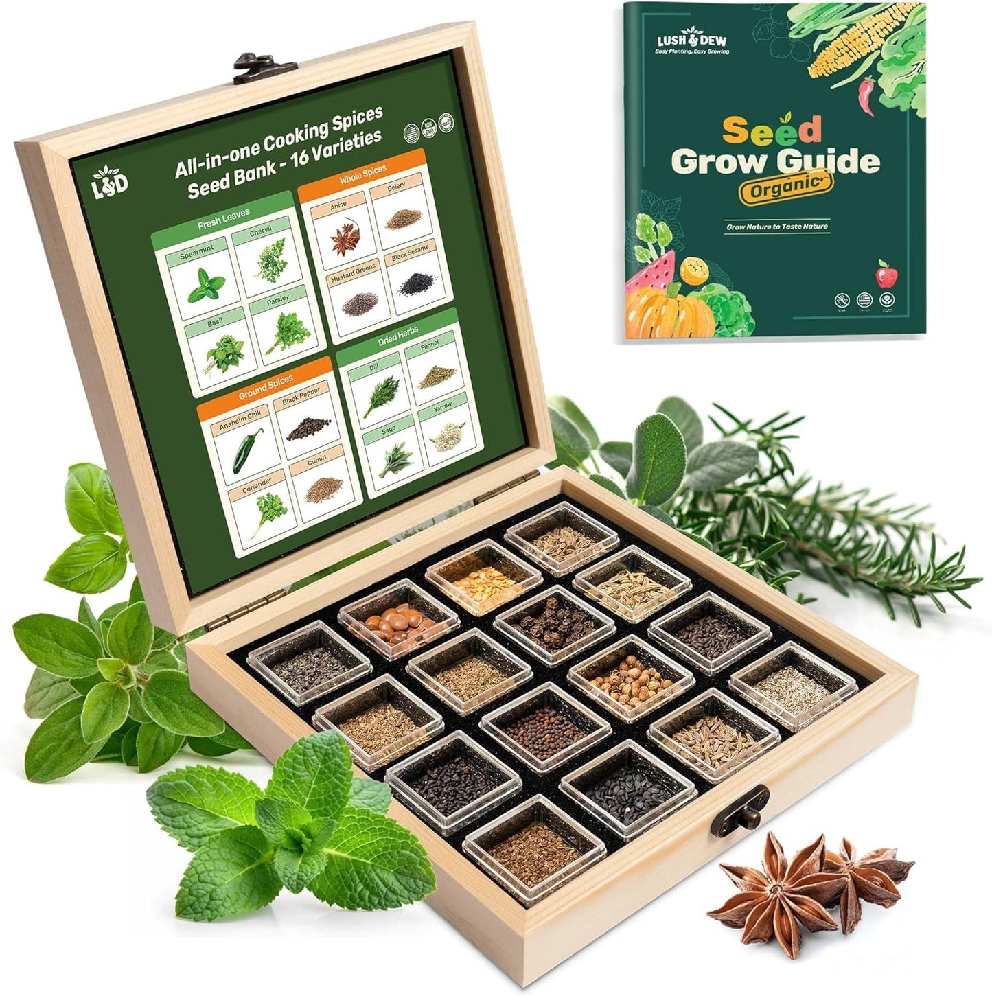 Lush&Dew Ancestral Apothecary Medicinal Tea Herb Seed Chest, 36,000+ Non-GMO Survival Seed Kit, Gardening Gifts for Women Men, 40 Types Heirloom Garden Seeds for Planting Herbs, Raised Bed Windowsill