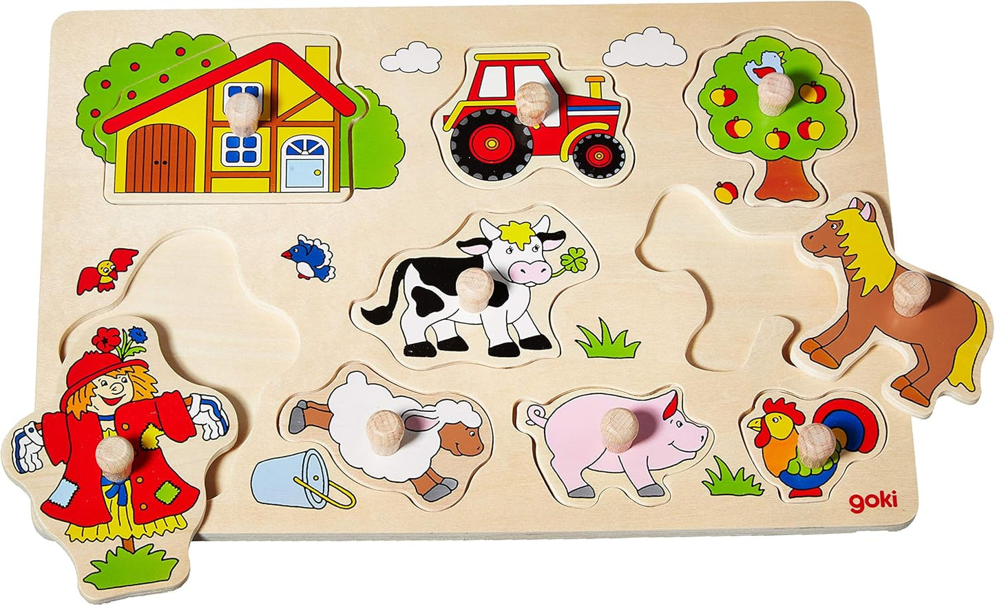 GOKI Wooden Puzzles for Toddlers 1-3 Farm Animal Peg Puzzle with Jumbo Knobs Ages 1+ Educational Montessori Toys for Shape Recognition & Fine Motor Skills - 9 Pieces-Designed with Love in Germany