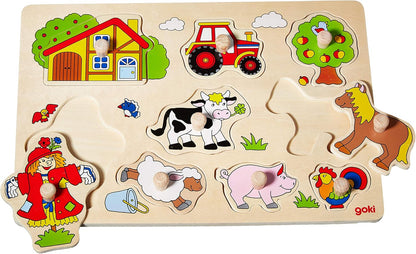 GOKI Wooden Puzzles for Toddlers 1-3 Farm Animal Peg Puzzle with Jumbo Knobs Ages 1+ Educational Montessori Toys for Shape Recognition & Fine Motor Skills - 9 Pieces-Designed with Love in Germany