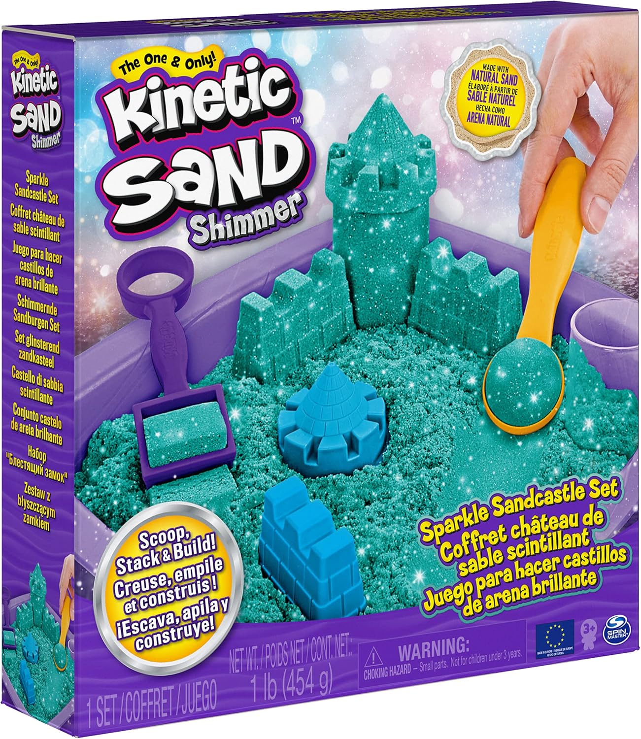 Kinetic Sand | Shimmer Sand Castle | Kinetic Sand 454g | Magic Sand | Pink Glitter Coloured Sand | 3 Accessories and Tray Included | Toys for Boys and Girls 3 Years