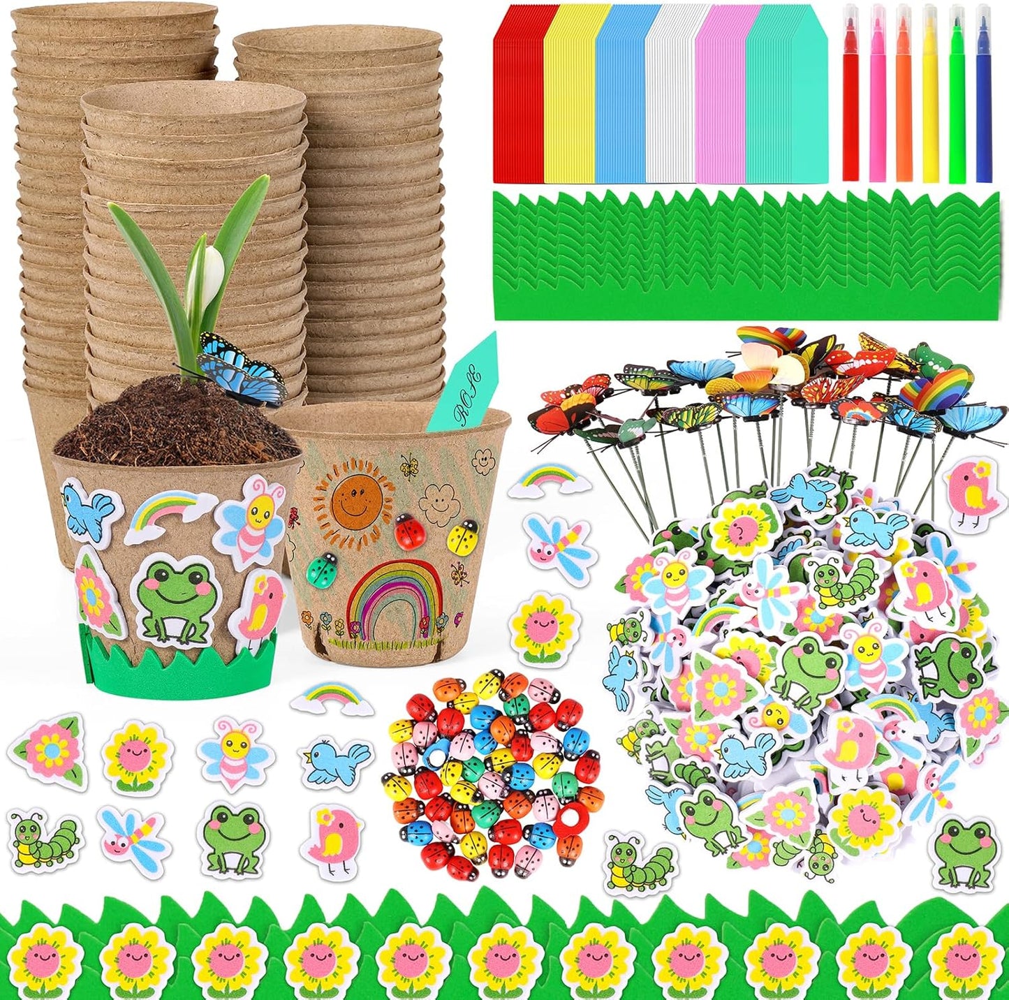 60 Pack Garden Paper Pot Craft Kit Flower Plant Spring Summer Craft with 50 Adhesive Foam Stickers 60 Paper Mache Pots Label Pens, Flower Planting Growing Kit Science Garden Gift for Mother Day