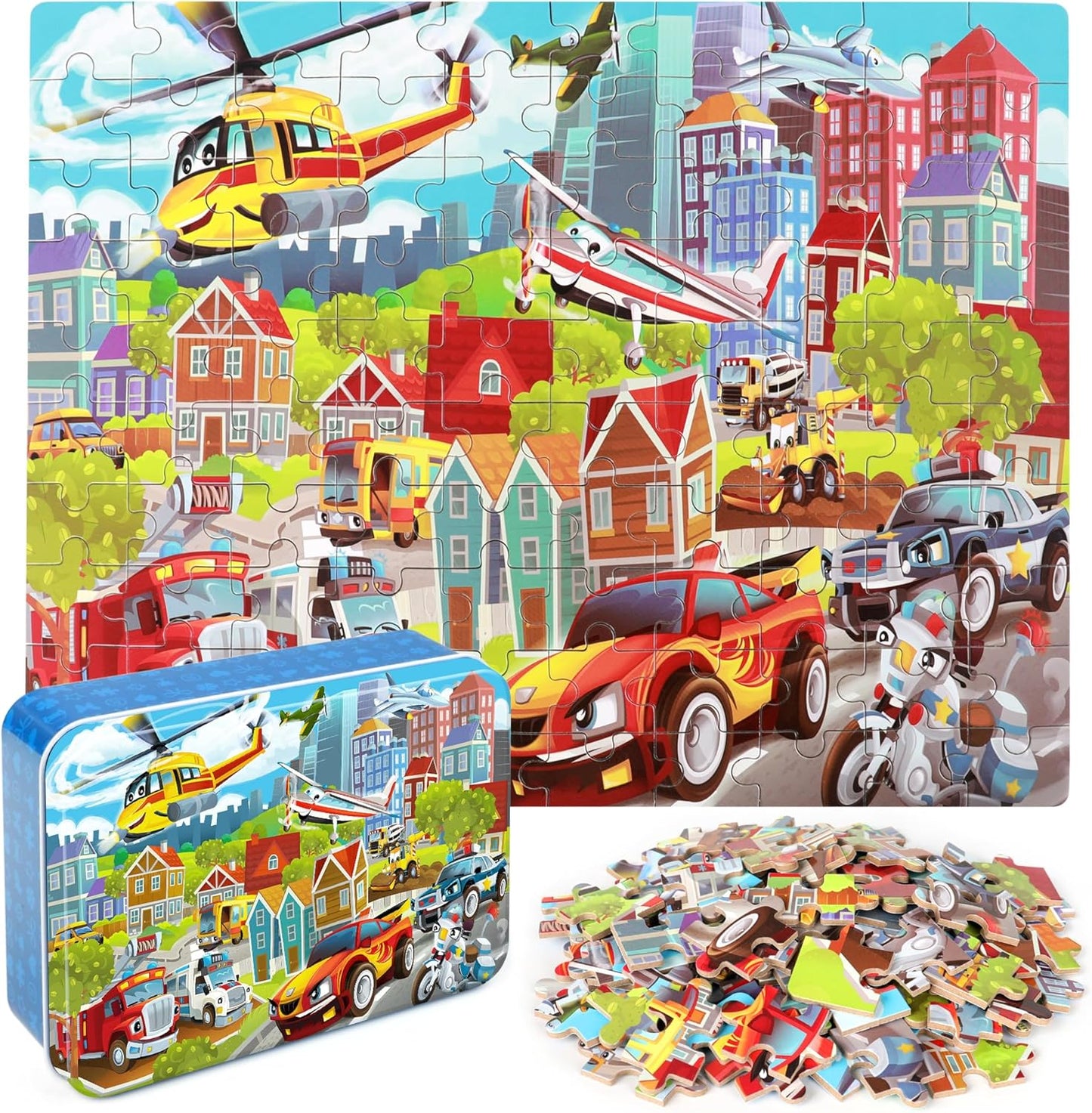 LELEMON 100 Pieces Jigsaw Puzzles in a Metal Box for Kids Age for 4-8 Boys Girls Toy Puzzles Construction Site Vehicles Children Learning Educational Puzzles Toys