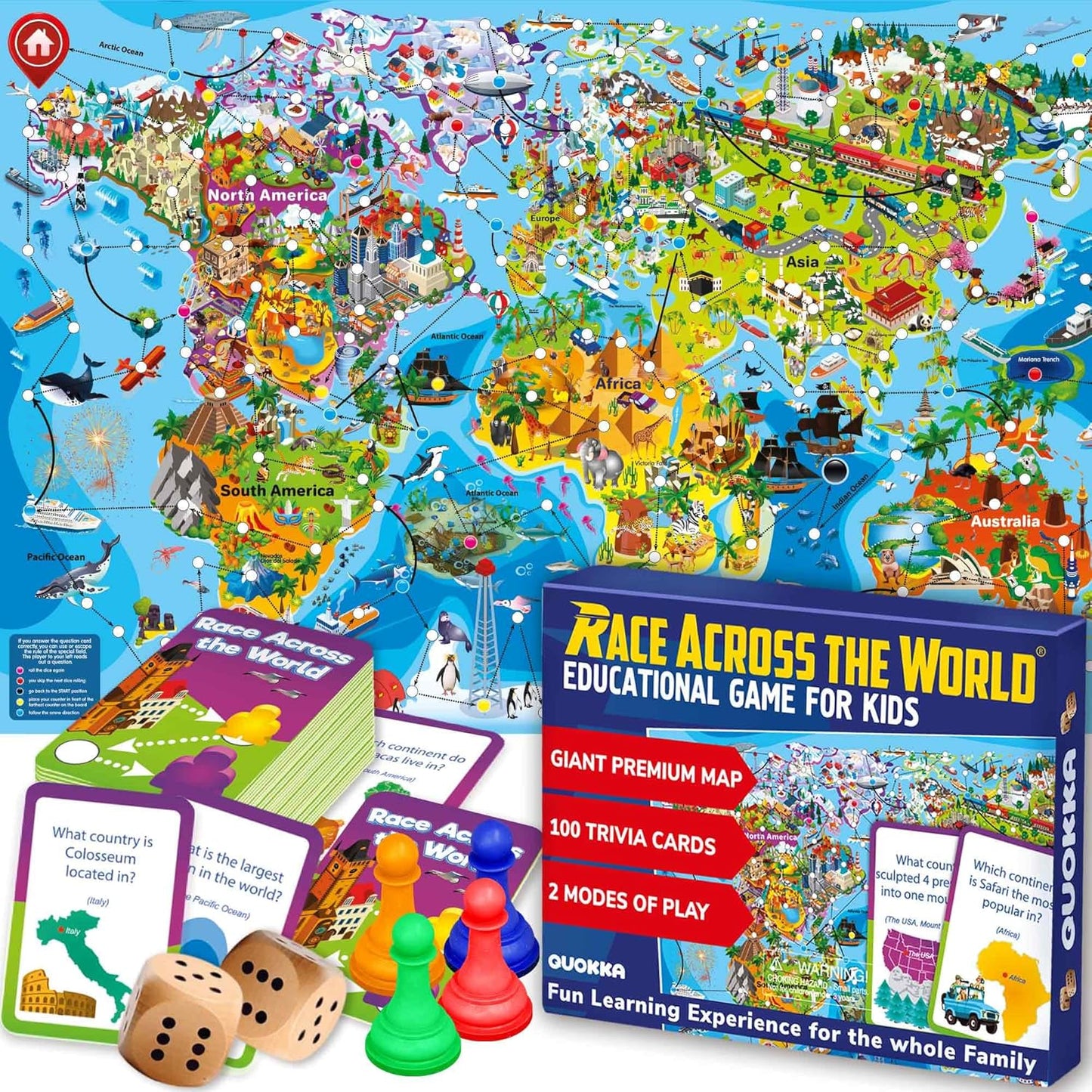 QUOKKA Board Games for Kids 8-12 - Family Games for Kids and Adults - Journey Across the World Card Game Ages 5-9 - Learn Capitals, Flags, Facts, and Map Locations with 195 World Map Cards