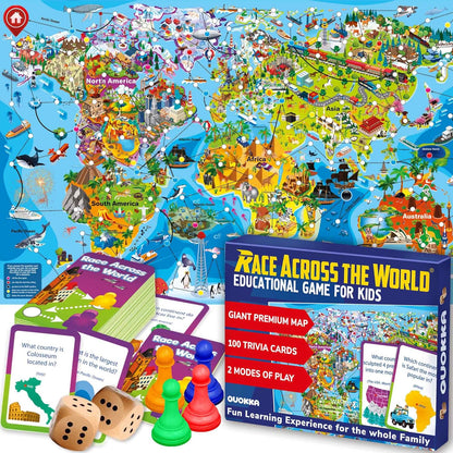 QUOKKA Board Games for Kids 8-12 - Family Games for Kids and Adults - Journey Across the World Card Game Ages 5-9 - Learn Capitals, Flags, Facts, and Map Locations with 195 World Map Cards