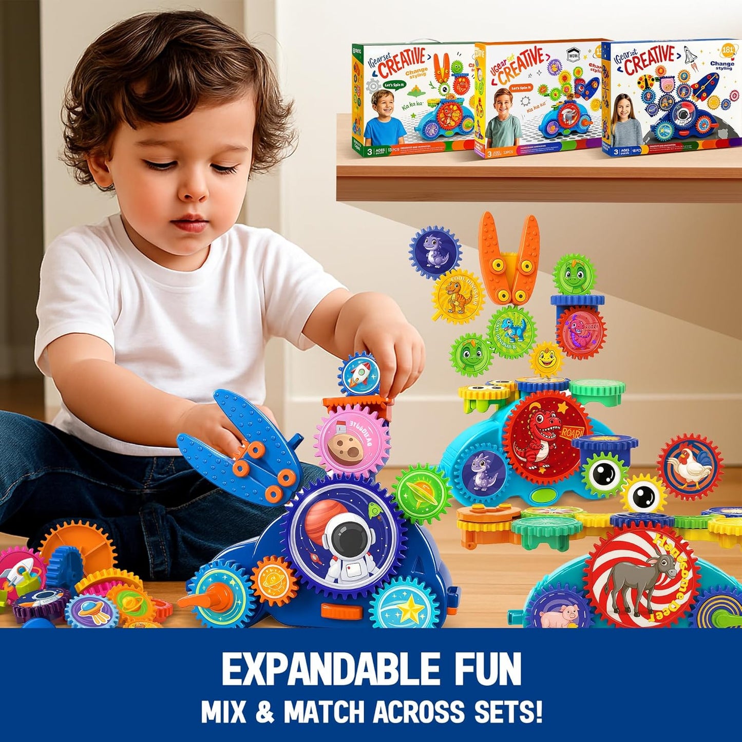 Motorized Spinning Gear Building Toys for Kids, Space Rocket STEM Construction Set, Educational Interlocking Building Blocks Puzzle | Gear Toys for Toddlers Ages 3-8