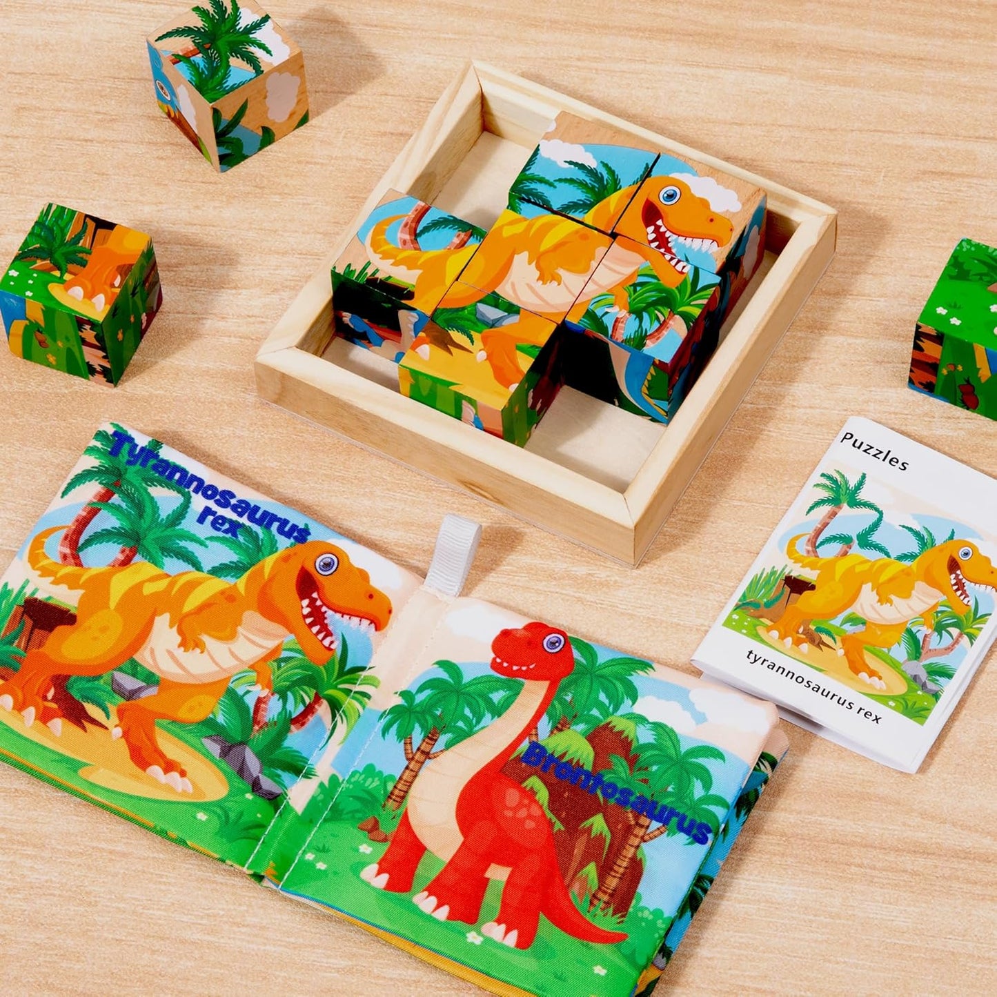 Wooden Dinosaur Block Puzzles for Kids Ages 3-5 with Baby Book, Jigsaw Puzzles Preschool Educational Interactive Toys Gift for Boys Girls, Wood Dino Cube Puzzles for Toddlers 2 3 4 5 6 Years Old