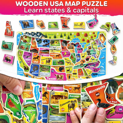 QUOKKA Puzzles for Kids Ages 4-6 - Realistic USA Map Wooden Puzzles for Toddlers 3-5 - Montessori Wood Educational Toys for 2-4 Years Old - United States Geography Learning Games for Kids 6-8