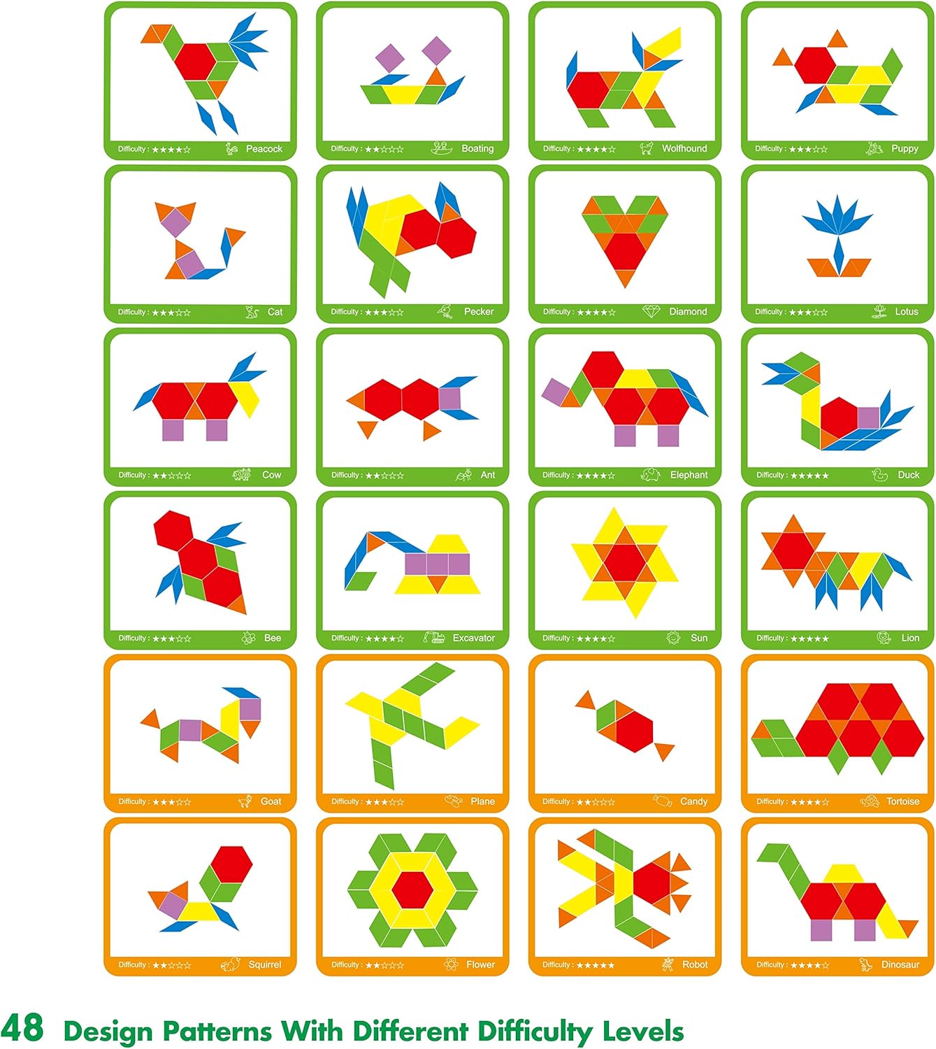 215 PCS Wooden Pattern Blocks Set, 24 Double-Sided Design Cards Pattern Building Shapes Educational Geometric Shape Puzzle Fun Tangram Montessori Learning Toys for Kids Ages 4-8 (A Storage Bag)