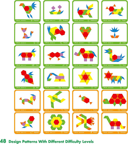 215 PCS Wooden Pattern Blocks Set, 24 Double-Sided Design Cards Pattern Building Shapes Educational Geometric Shape Puzzle Fun Tangram Montessori Learning Toys for Kids Ages 4-8 (A Storage Bag)