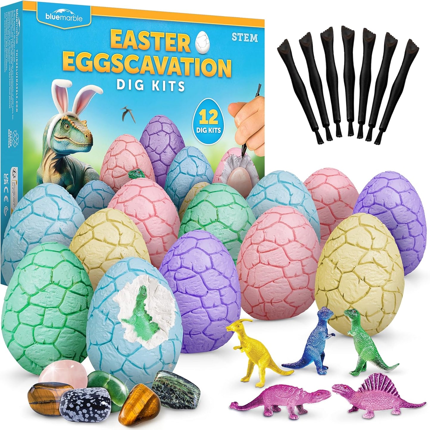 Blue Marble Easter Eggscavation Dig Kit - 12 Easter Egg Dig Bricks with Real Gemstones & Glow in The Dark Dinosaur Figures, Includes Dig Tools, Egg Hunt or Dig Party Activity, Easter Basket Stuffers