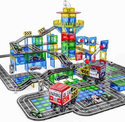 150PCS Magnetic Tiles Road Set with Marble Run, Preschool Magnet Tiles Included Magnetic Cars. STEM Magnetic Tiles for Kids, Preschool Educational Building Toys for Boys & Girls